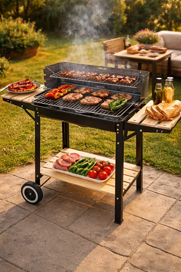 Tekerlekli Mangal Iki Ahşap Sehpalı Raflı 4 Adet Kancalı Kömürlü Mangal 94x85cm